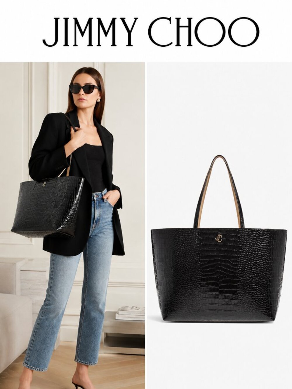 Jimmy Choo Black Croc Embossed Leather Large Tote Bag Gold JC Logo Luxury